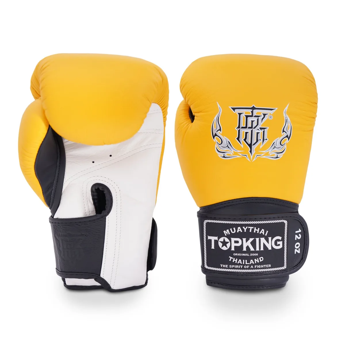 Боксови ръкавици Top King Super в бяло, жълто и черно, изглед отпред