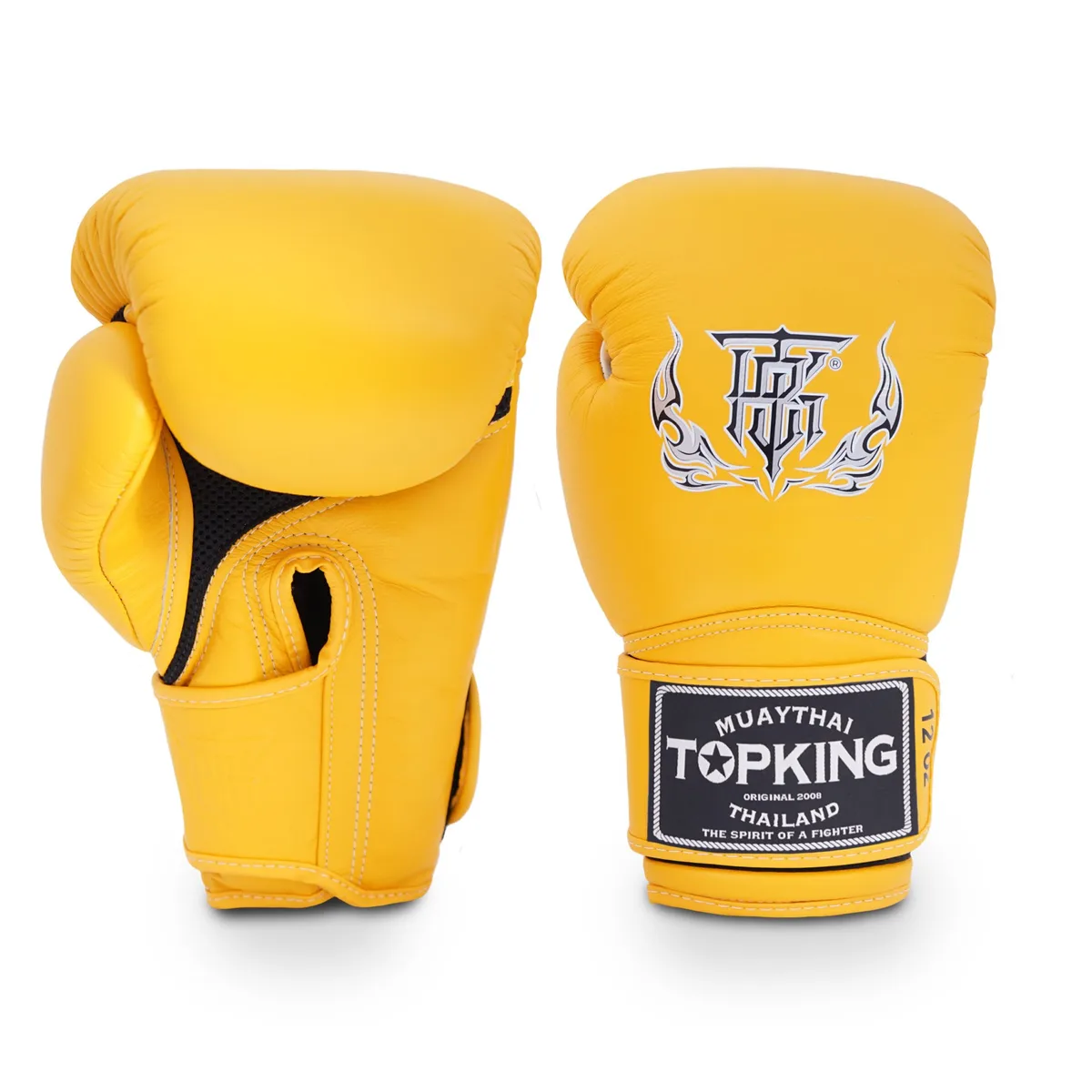 Жълти боксови ръкавици Top King Yellow Super Air, изглед отпред, с ясно видими лога на марката и вентилационни отвори.