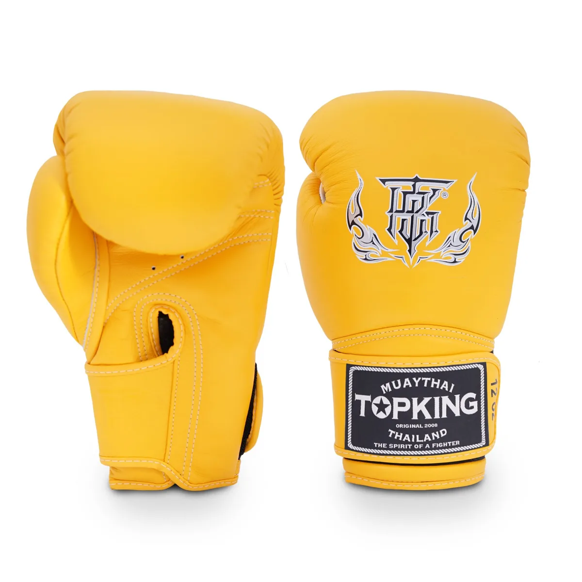 Жълти боксови ръкавици Top King Yellow Super, изглед отпред, с логото на марката.