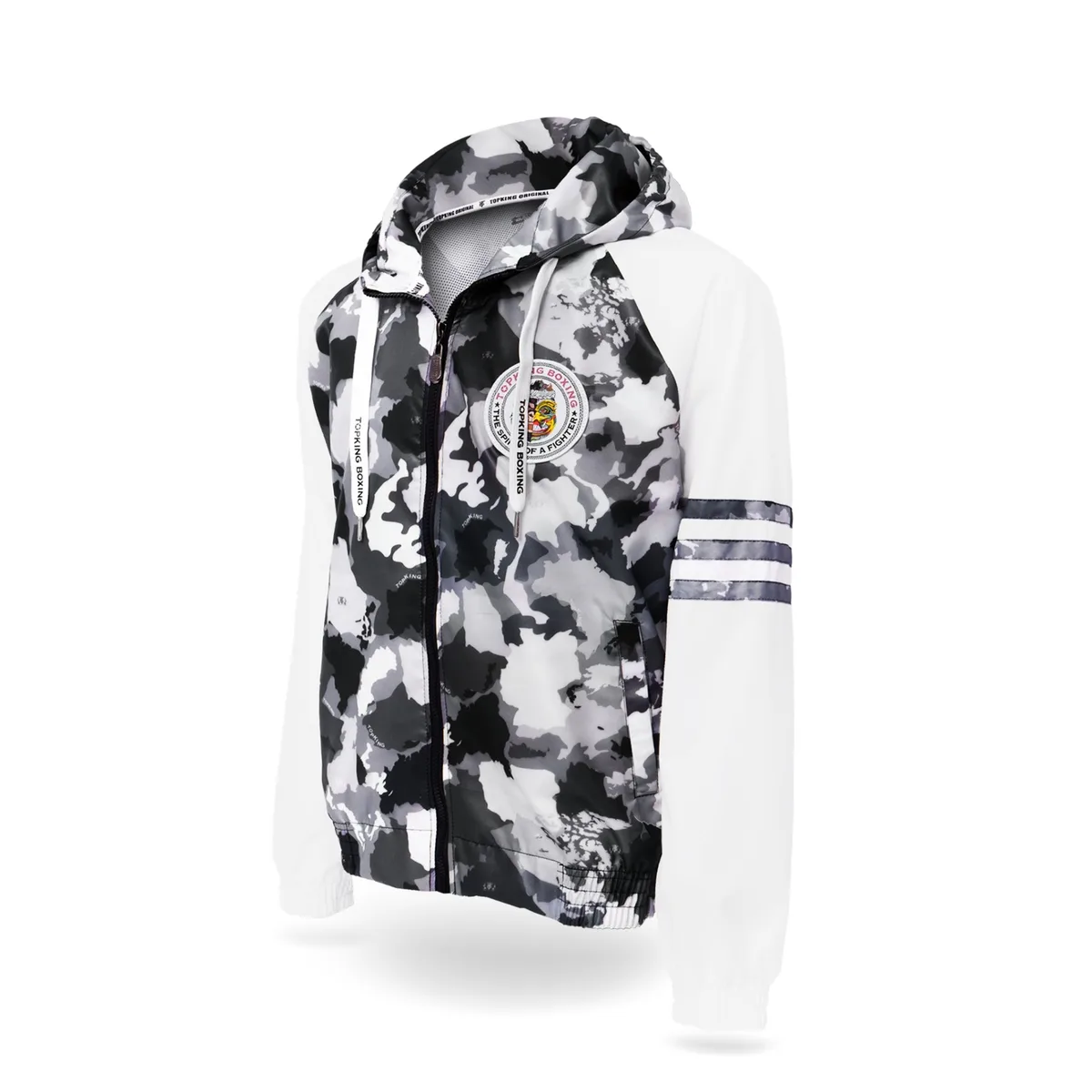 Суитчър Top King Grey Camouflage Jacket, показан отстрани, акцентиращ върху кройката и камуфлажния десен.