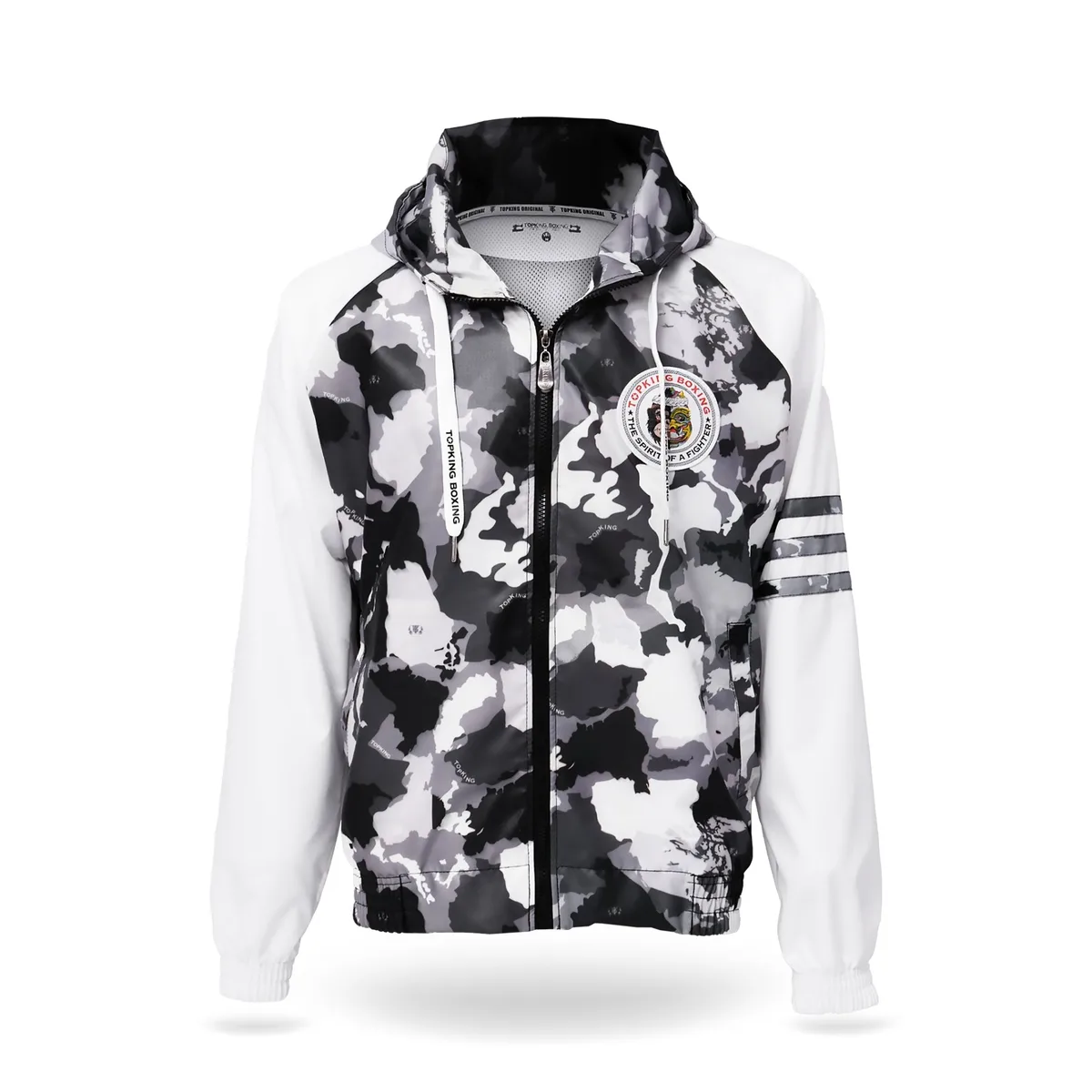 Мъжки суитчър Top King Grey Camouflage Jacket, показан отпред, с качулка и джоб тип кенгуру.