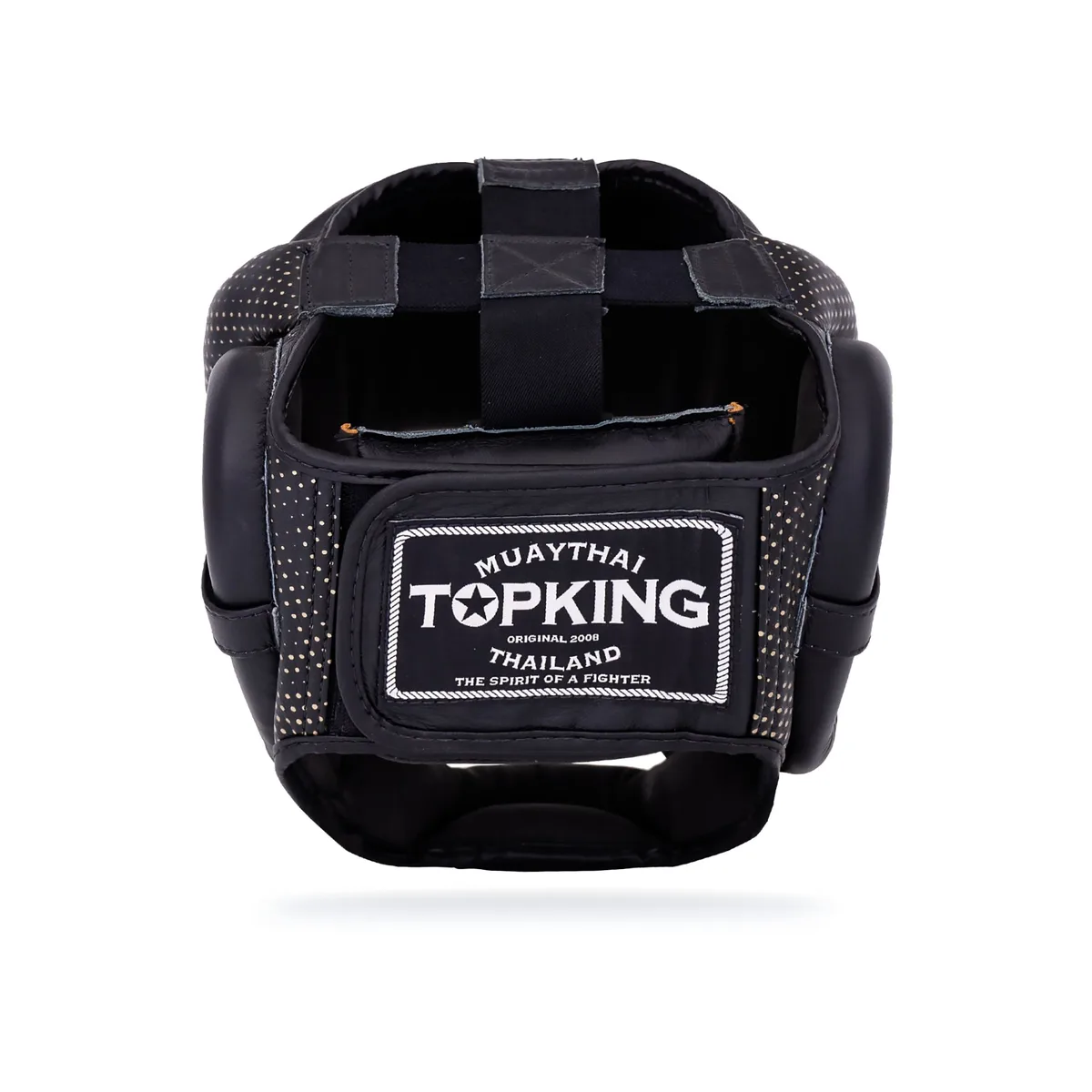 Детайлен изглед на черния шлем Top King Head Guard Kanok, показващ текстурата и логото