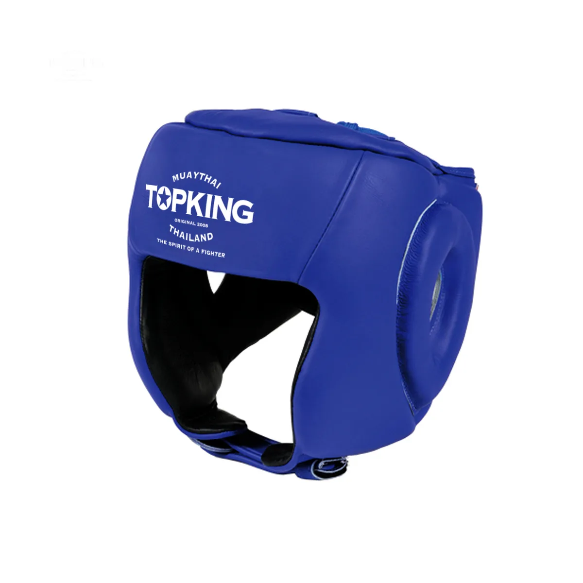 Синя каска Top King Head Guard с отворена брадичка, показана отпред
