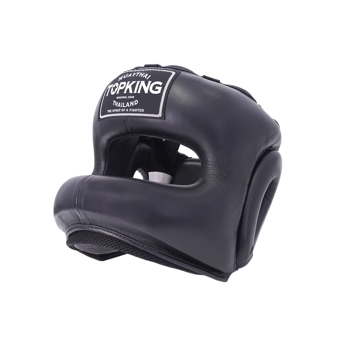 Страничен изглед на протектора за глава TOPKING HEAD GUARD "PRO" TRANING (CLOSE CHIN), подчертаващ дебелината на подплънките и системата за закрепване.