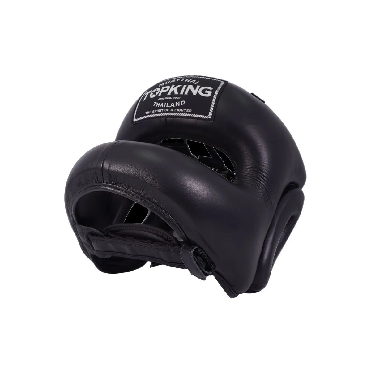 Шлем TOPKING HEAD GUARD "PRO" TRAINING (OPEN CHIN) отстрани, демонстриращ профила и закопчаването.