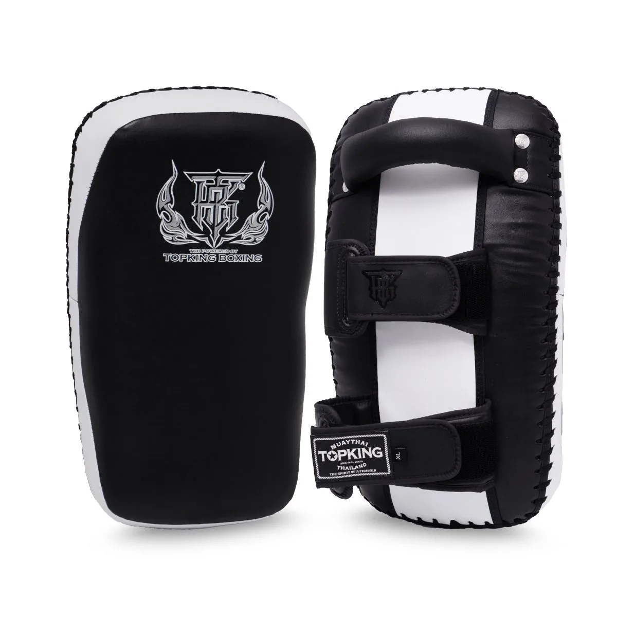 Страничен изглед на Top King Kicking Pad Black White "Lightweight", демонстриращ дебелината, дръжките и системата за захващане.