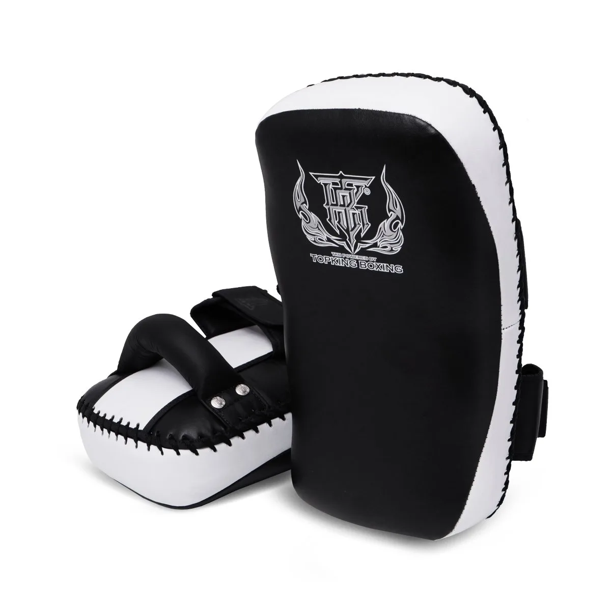 Два броя Top King Kicking Pads Black White "Lightweight" в черно-бял цвят, показващи предната част и повърхността за удар.