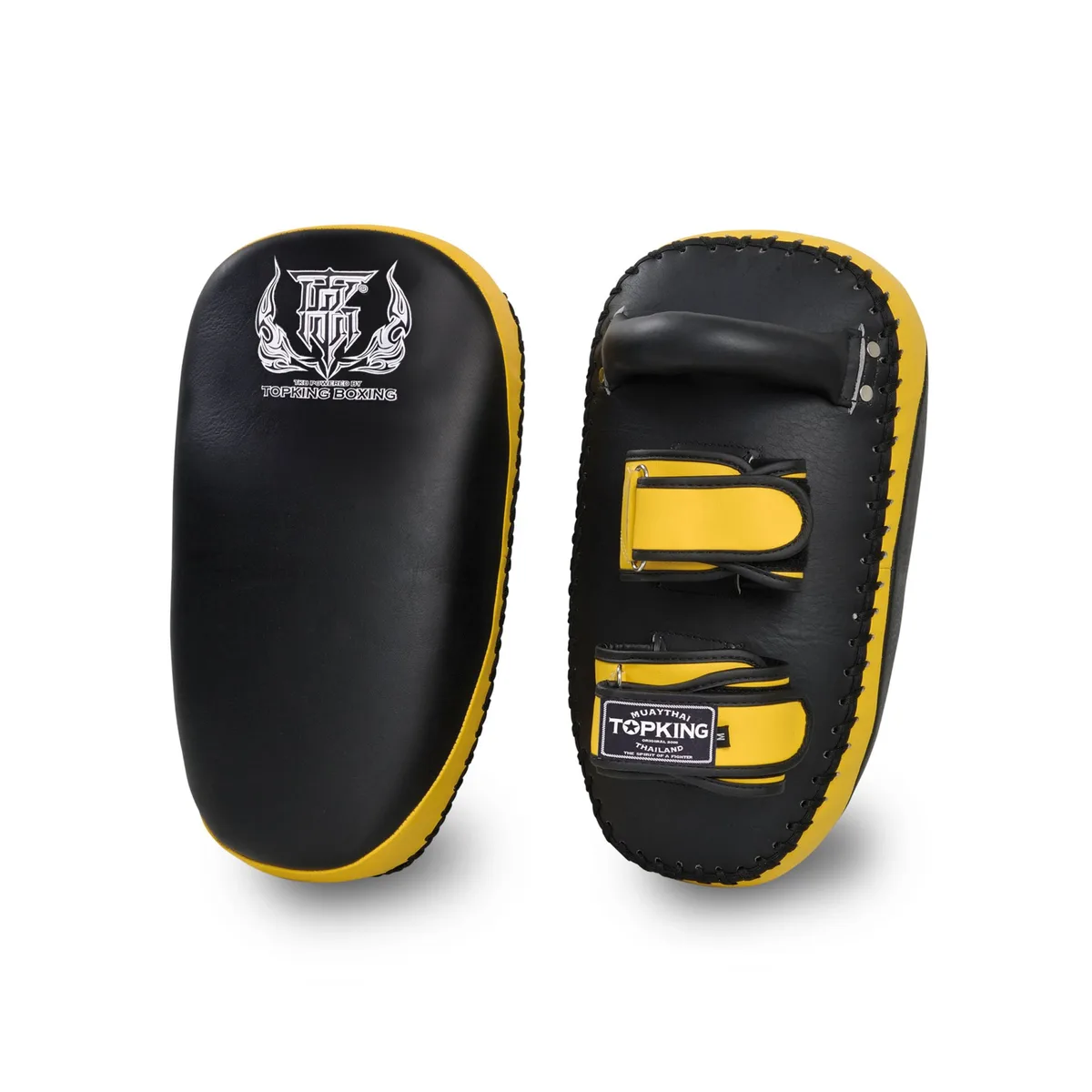 TOPKING KICKING PADS BLACK YELLOW “ULTIMATE” (STRAIGHT) VELCRO – чифт прави падове за ритници в черно и жълто, произведени от Top King, с велкро закопчаване