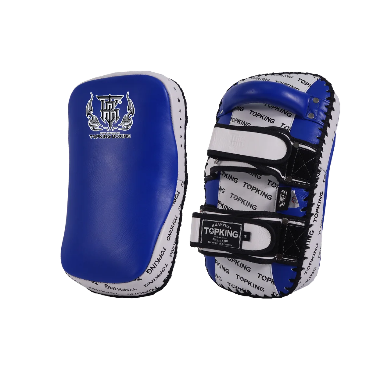 TOPKING KICKING PADS BLUE WHITE FULL IMPACT – изглед отпред на синьо-бял пад за ритници, показващ зоната за удар и дръжките.