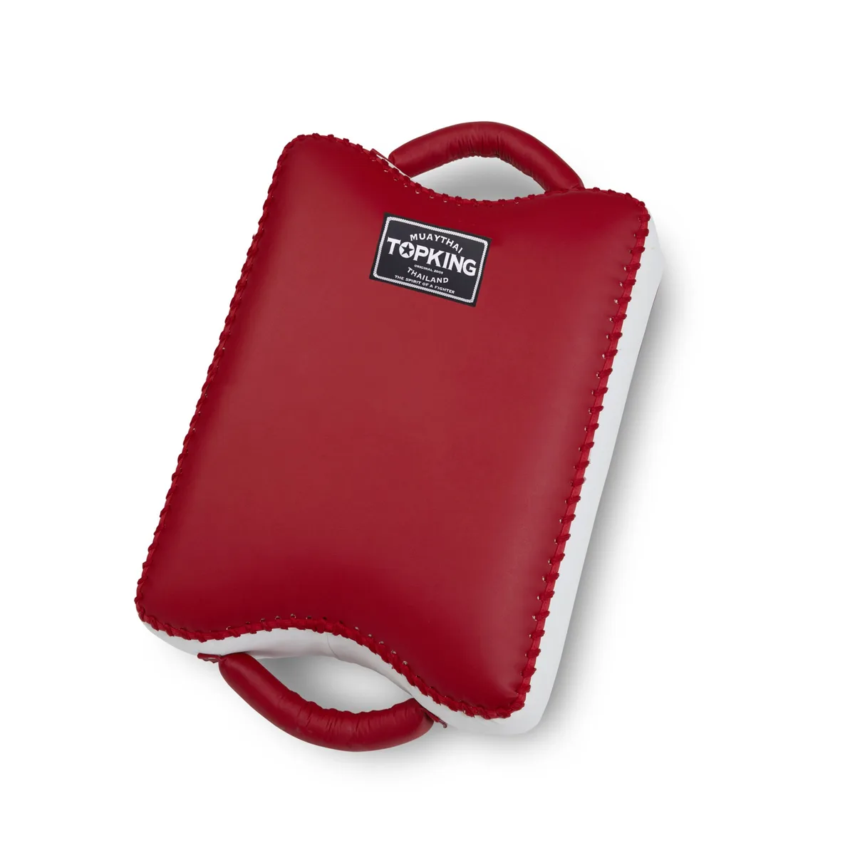 Щит за ритници Top King Kicking Shield Red White, позициониран за тренировка, подчертаващ компактния и здрав дизайн.