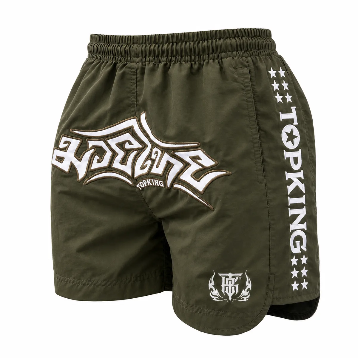 Мъжки къси панталони Top King Lifestyle Khaki 103, разположени на равна повърхност, показващи предната част и логото на марката.