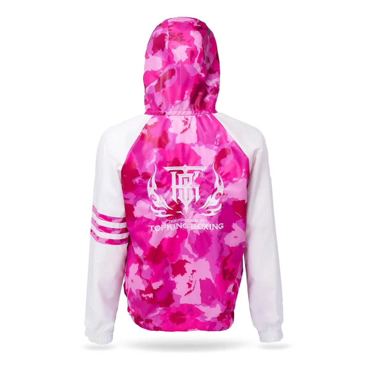 Близък план на материята и розовата камуфлажна шарка на TOPKING PINK CAMOUFLAGE JACKET