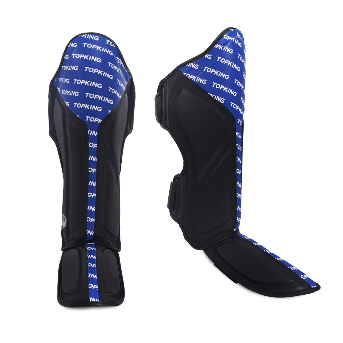 Протектори за крака Top King Shin Guard Black Blue Full Impact, страничен изглед, показващ черни и сини цветове