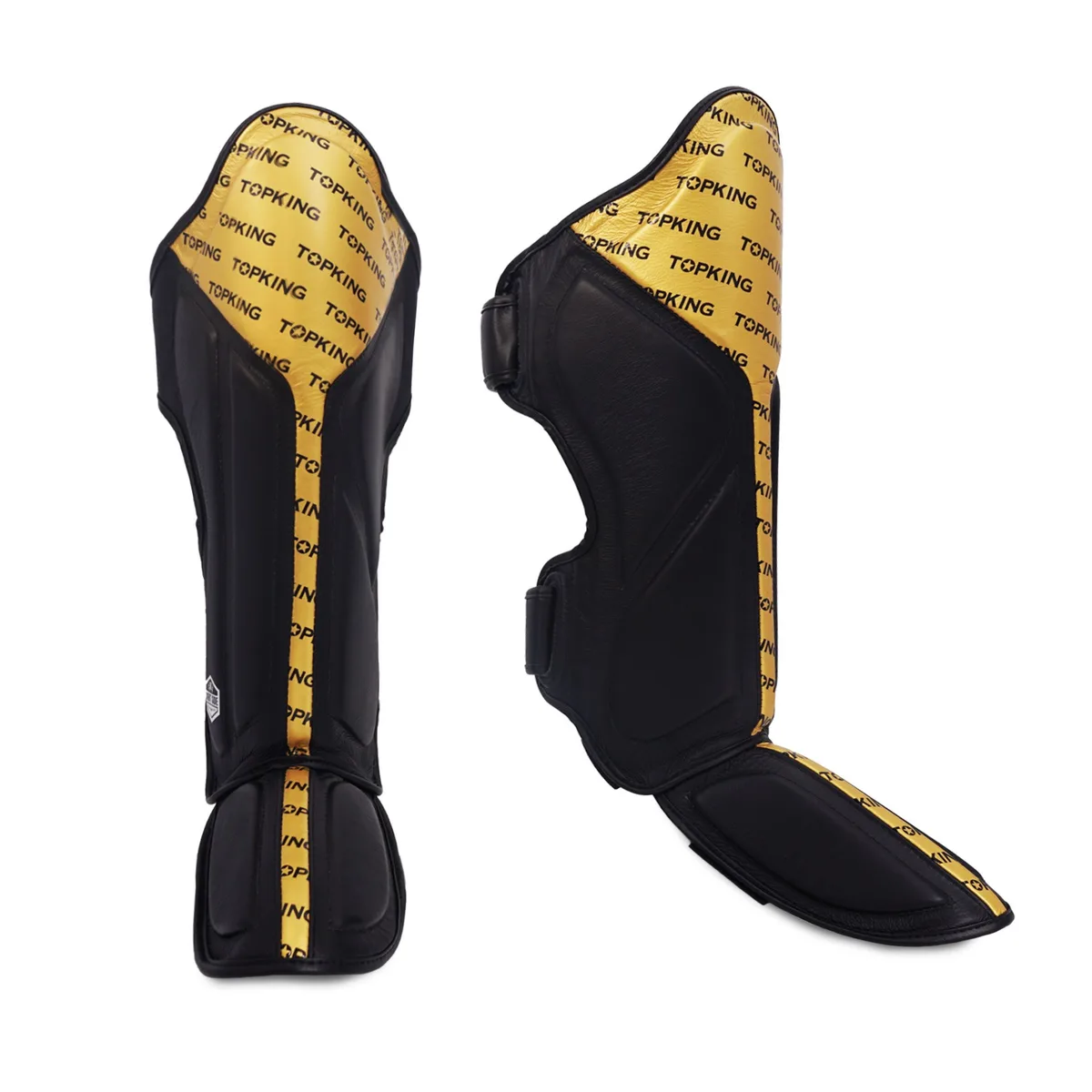 Протектори за крака Top King Shin Guard Full Impact в черен цвят със златни детайли, изглед отпред