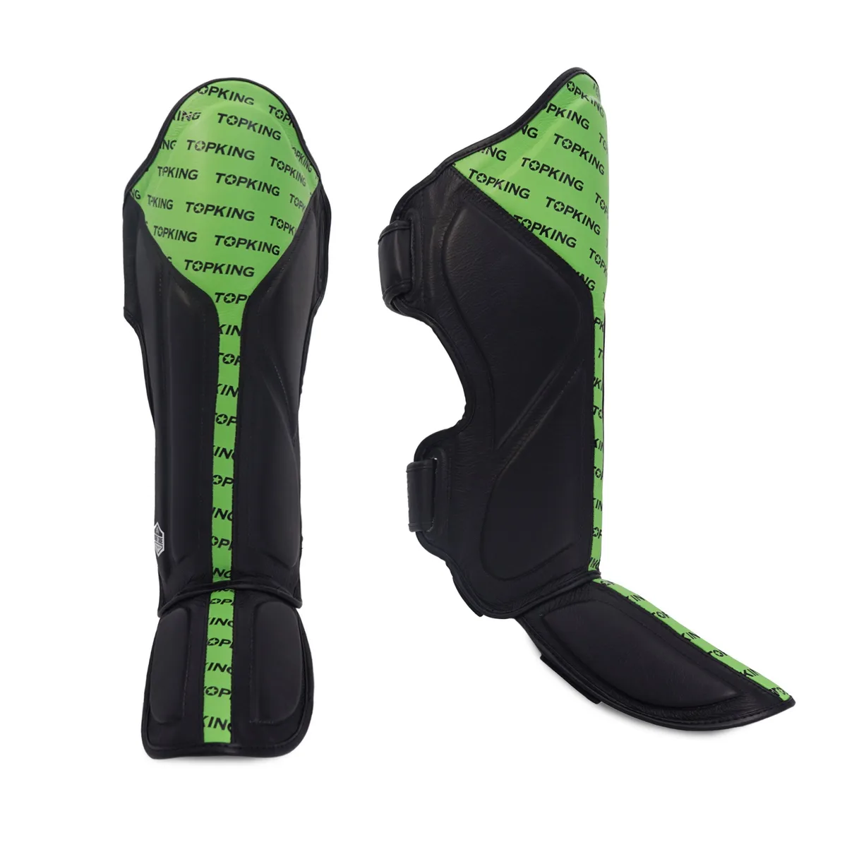 Протектори за крака Top King Shin Guard Black Green Full Impact, поглед отпред, с ясно видими черни и зелени елементи