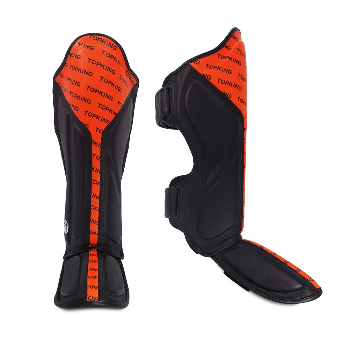 Протектори за крака TOPKING SHIN GUARD BLACK ORANGE FULL IMPACT, изглед отпред, показващ черната основа с оранжеви акценти и логото на Top King.