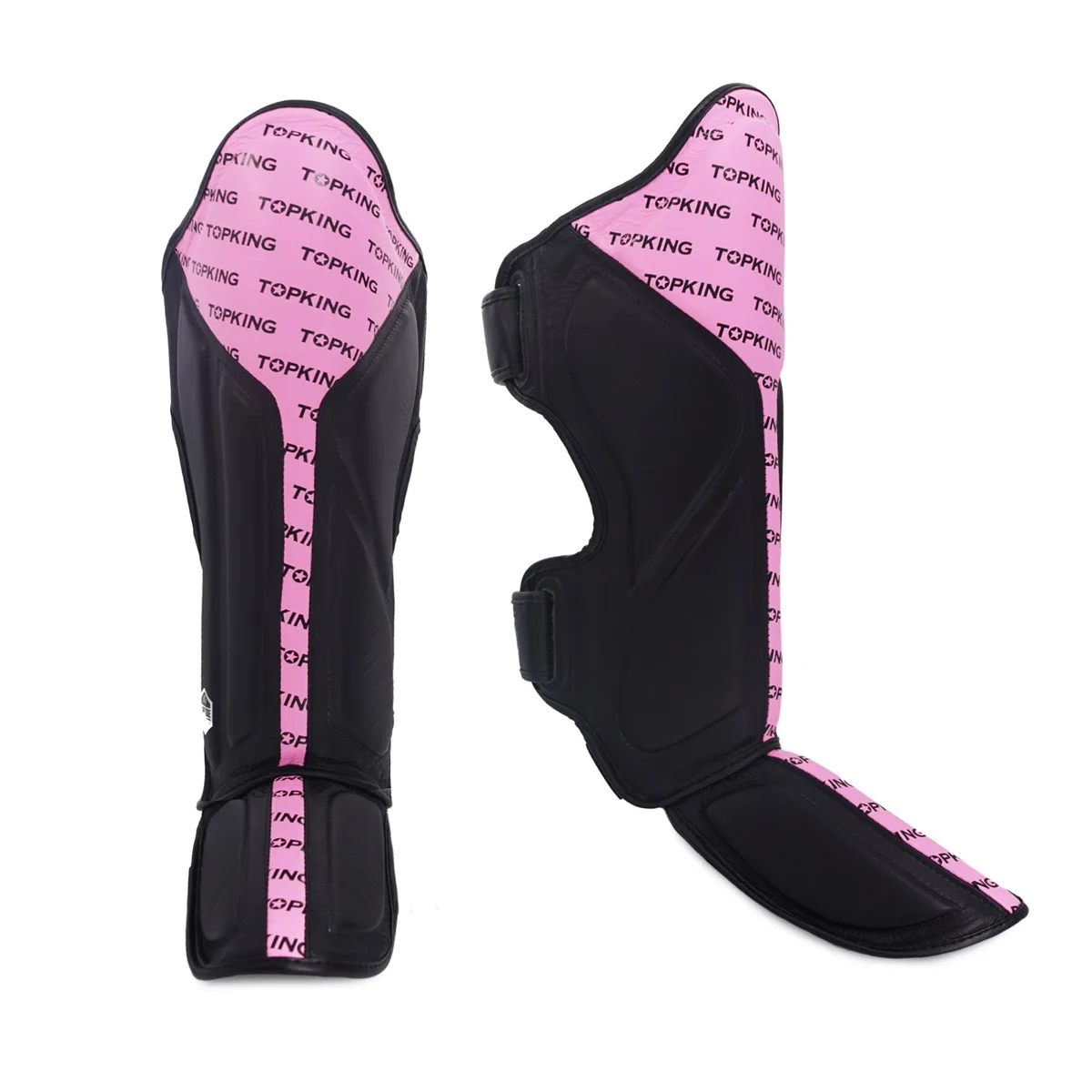Протектори за крака Top King Shin Guard Black Pink Full Impact, изглед отпред, показващ черния цвят с розови акценти и логото на марката.