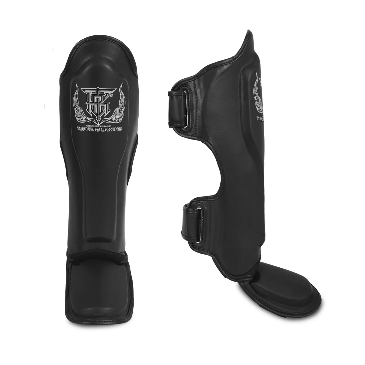 Черни протектори за крака Top King Shin Guard Pro от естествена кожа, поставени един до друг.