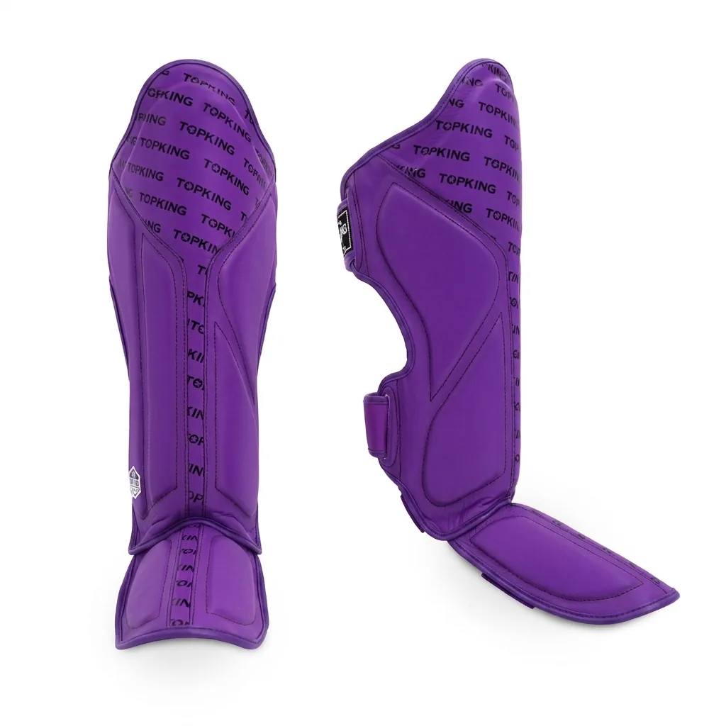 Лилави протектори за крака TOPKING SHIN GUARD PURPLE FULL IMPACT, изглед отпред, показващ формата и защитните зони.