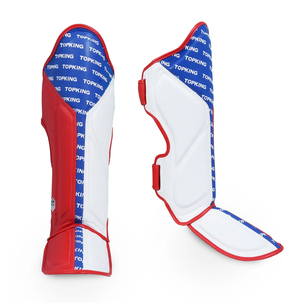 Протектори за крака Top King WHITE BLUE RED FULL IMPACT, изглед отпред, демонстриращи бяло, синьо и червено цветово оформление и цялостна форма.