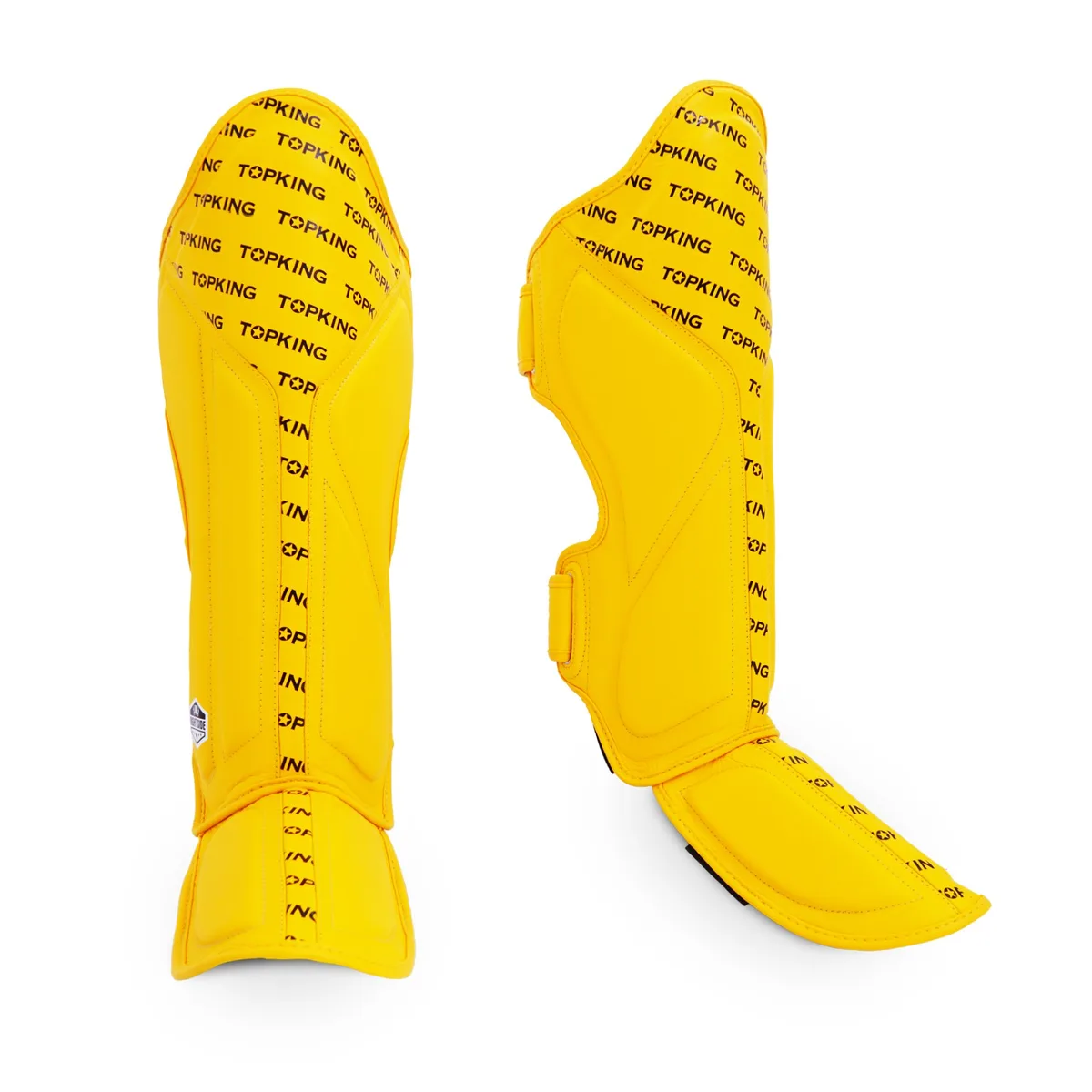 Жълти протектори за крака Top King Shin Guard Yellow Full Impact, изглед отпред, демонстриращ защитната част за пищяла и стъпалото.