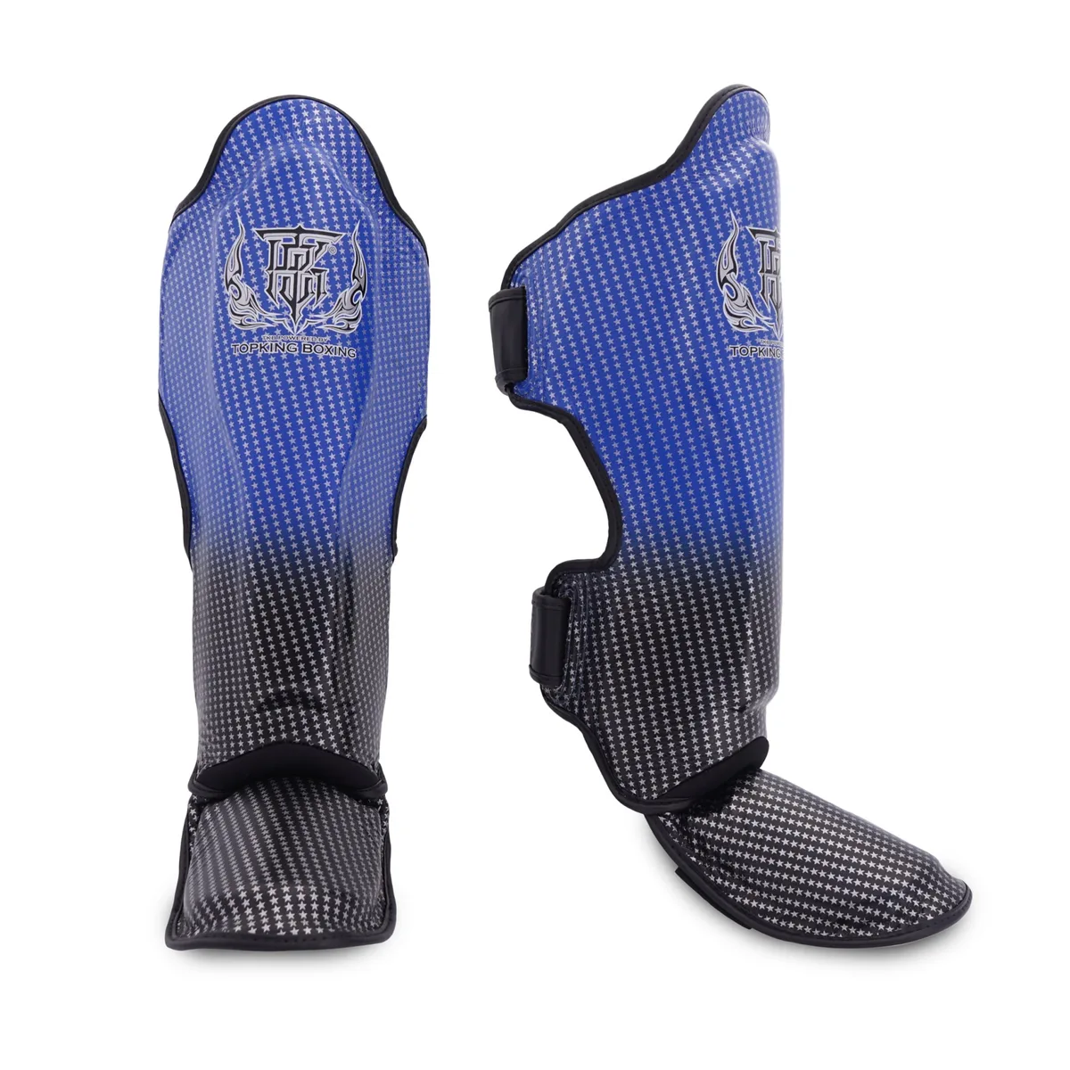 Сини протектори за крака Top King Shin Guards Blue Super Star, с бяло лого на марката, поставени на бял фон