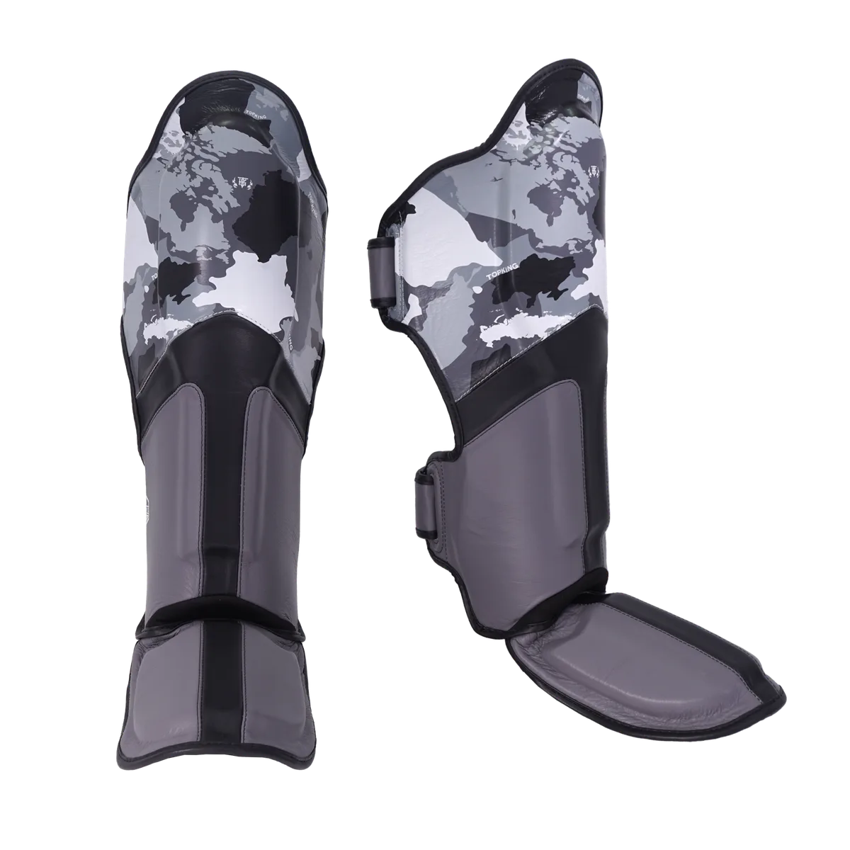 Протектори за крака Top King Grey Camouflage, показани отпред, с ясно видим сив камуфлажен десен и логото на марката.