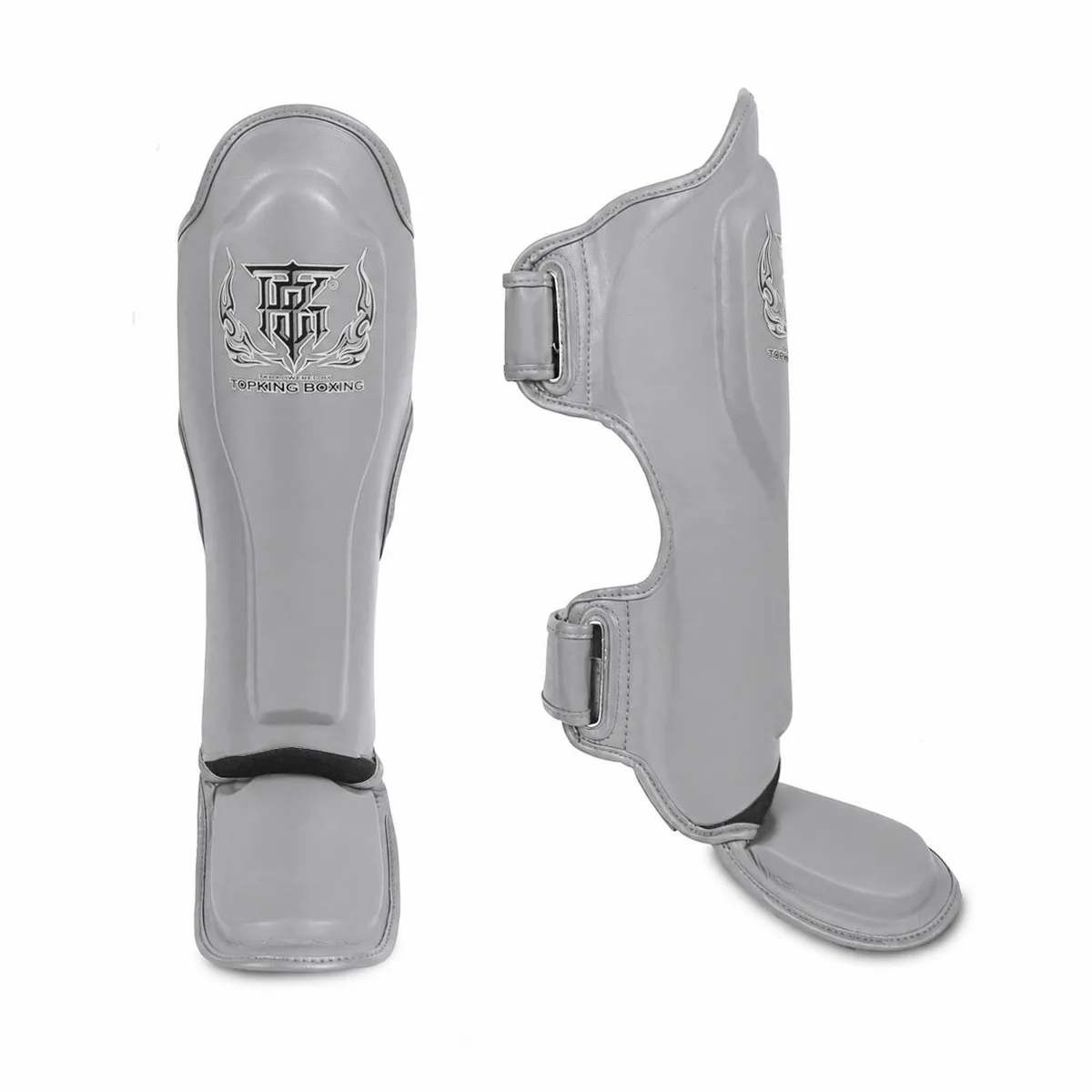 Сиви протектори за крака Top King Shin Guards Grey “Pro” от естествена кожа, показани отпред