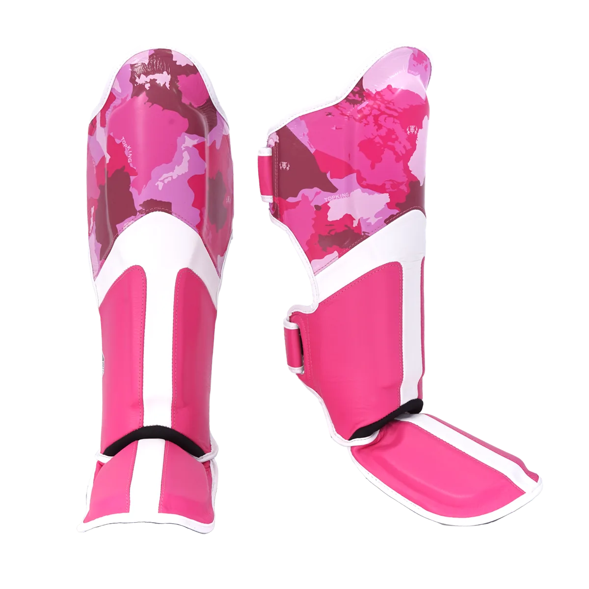 Протектори за крака Top King Pink Camouflage, преден изглед, показващ розово-камуфлажния десен и логото на марката.