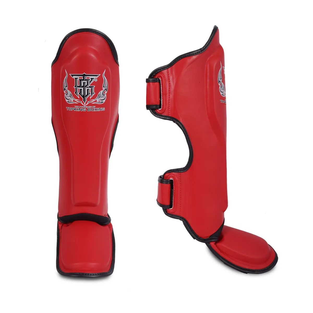 Протектори за крака Top King Shin Guards Red Black "Pro" Semi Leather, показани отпред, с акцент върху червения и черен дизайн.