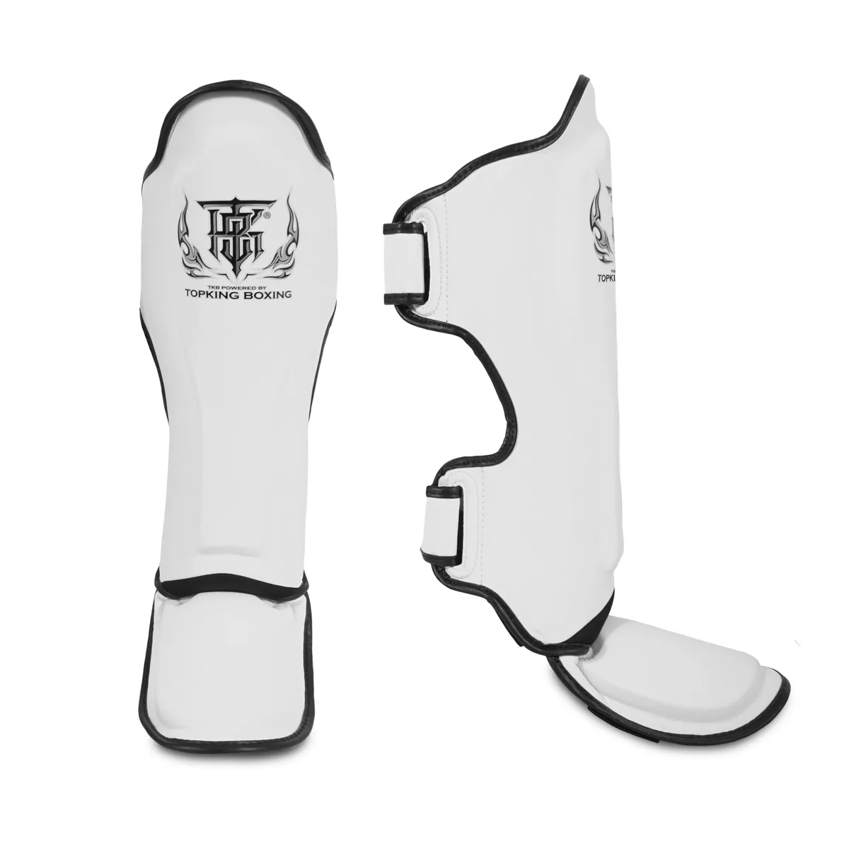 Протектори за крака Top King White Black "Pro" отпред, показващи бял пищял и черно стъпало с логото на Top King.