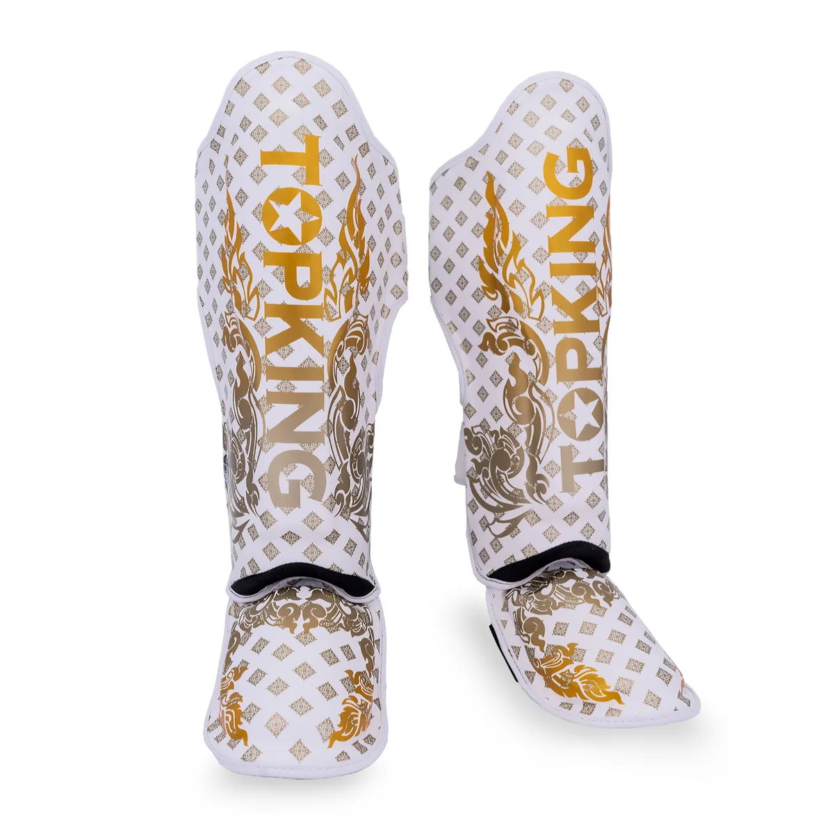 Бели протектори за крака Top King Shin Guards White KANOK2, показващи цялостен изглед и детайли KANOK2