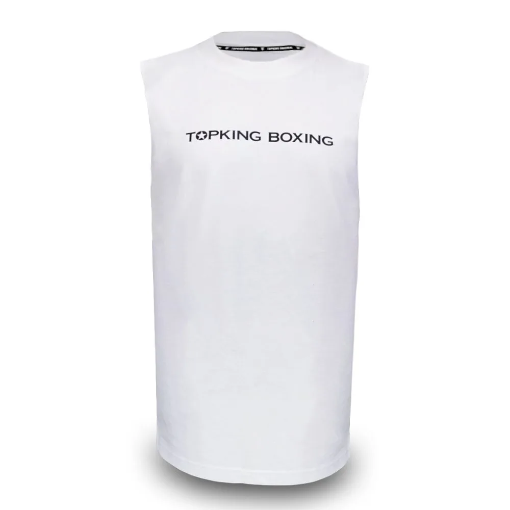 Бял потник Top King Sleeveless Shirt 029, изобразен отпред, с ясно видими детайли на материята и логото на марката.