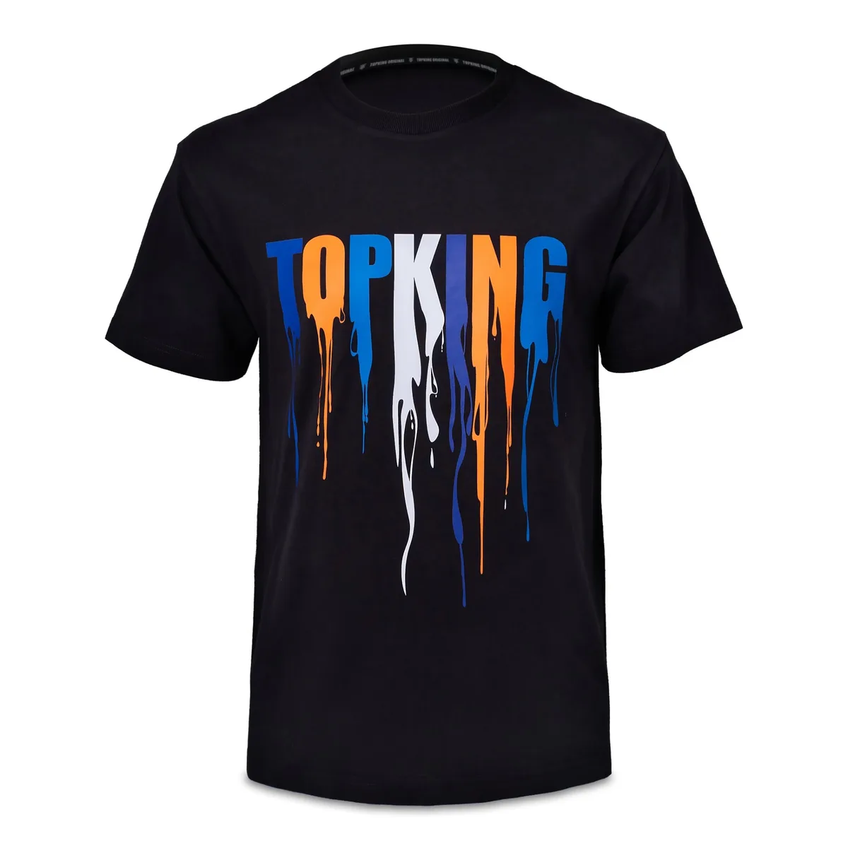 Мъжка тениска Top King Black Blue 036, изложена отпред, показваща логото на марката и цветовия дизайн.