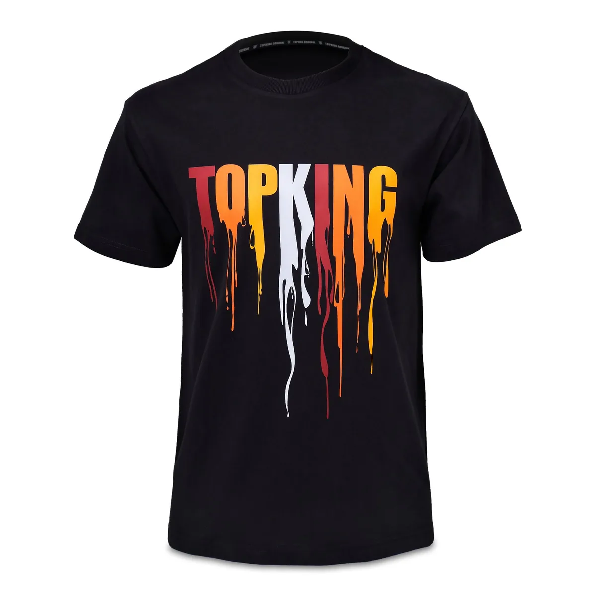 Мъжка тениска TOPKING BLACK ORANGE 036, показана отпред, с черен фон и оранжеви акценти, логото на Top King ясно видимо на гърдите.