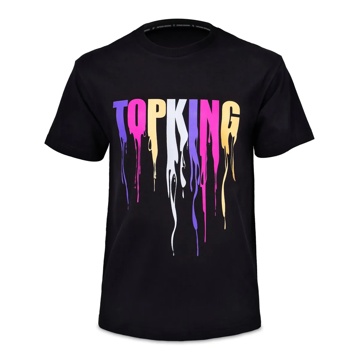 Тениска TOPKING T-SHIRT BLACK PINK 036, показана отпред, с ясно видими черни и розови елементи и логото на Top King.