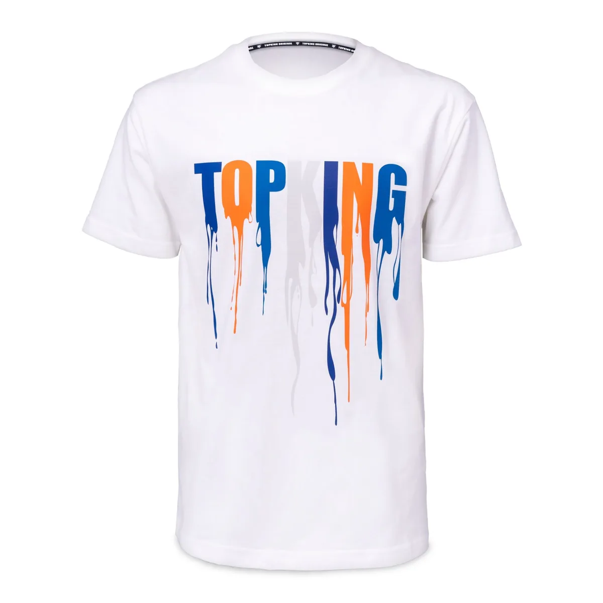 Мъжка тениска Top King WHITE BLUE 036 в бял цвят със сини детайли, показана отпред