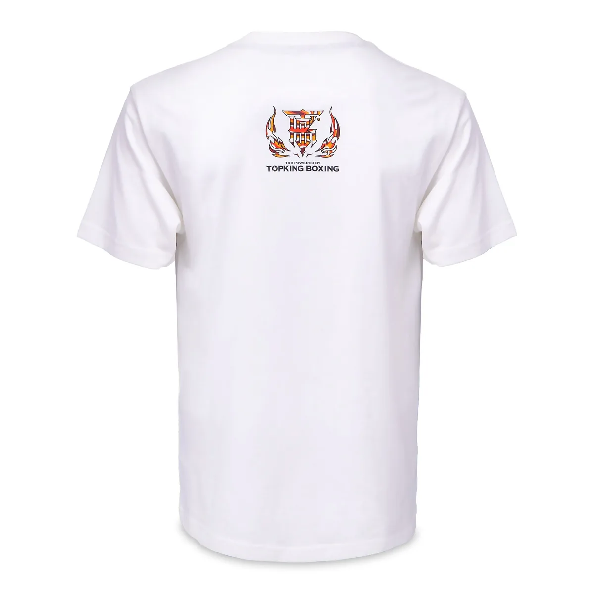 Детайлен изглед на бяло-оранжевата тениска Top King WHITE ORANGE 036, фокусиран върху материята и качеството на изработка.