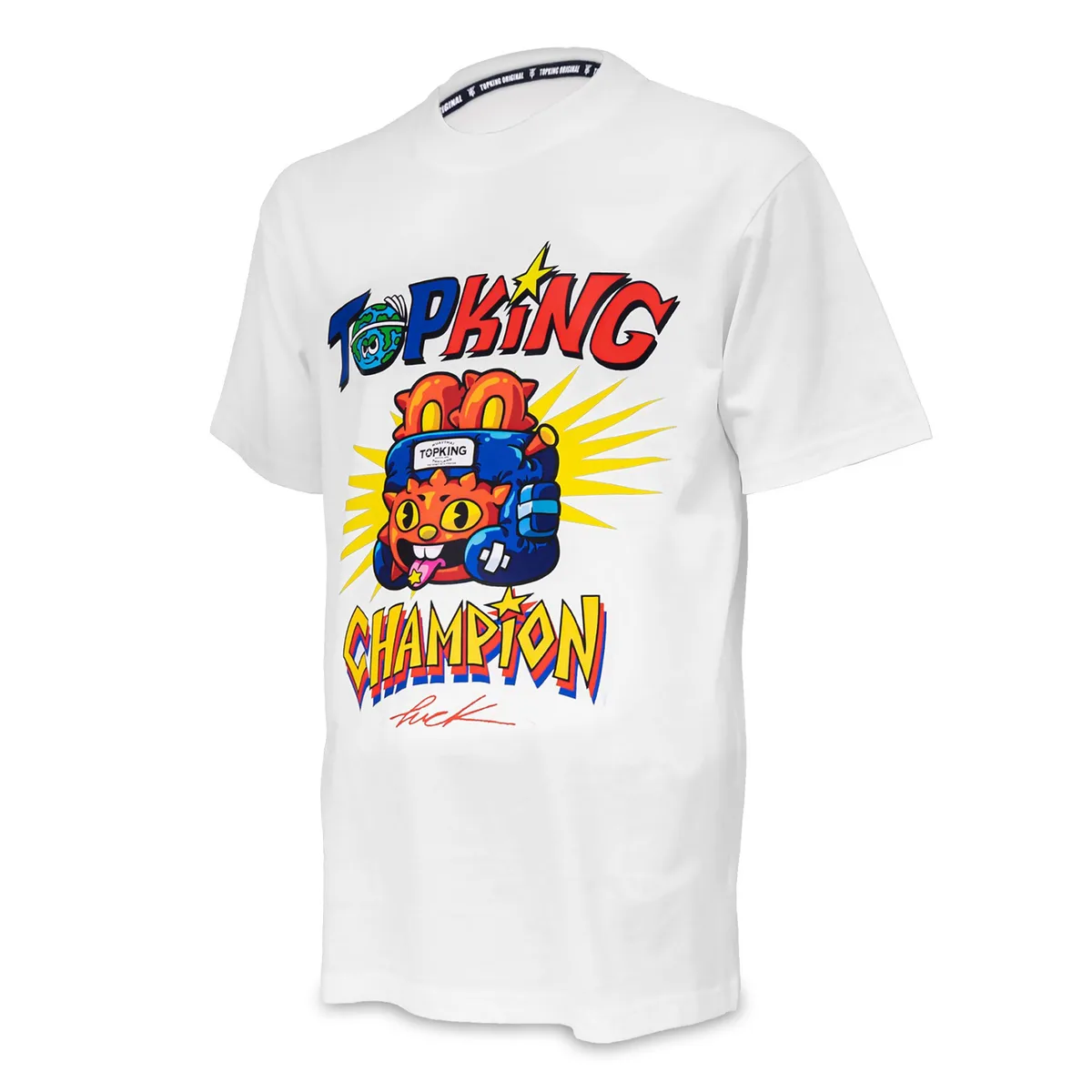 Бяла тениска T-SHIRT TOPKING X PUCK 02 с логото на Top King и графичен елемент, показана отпред.