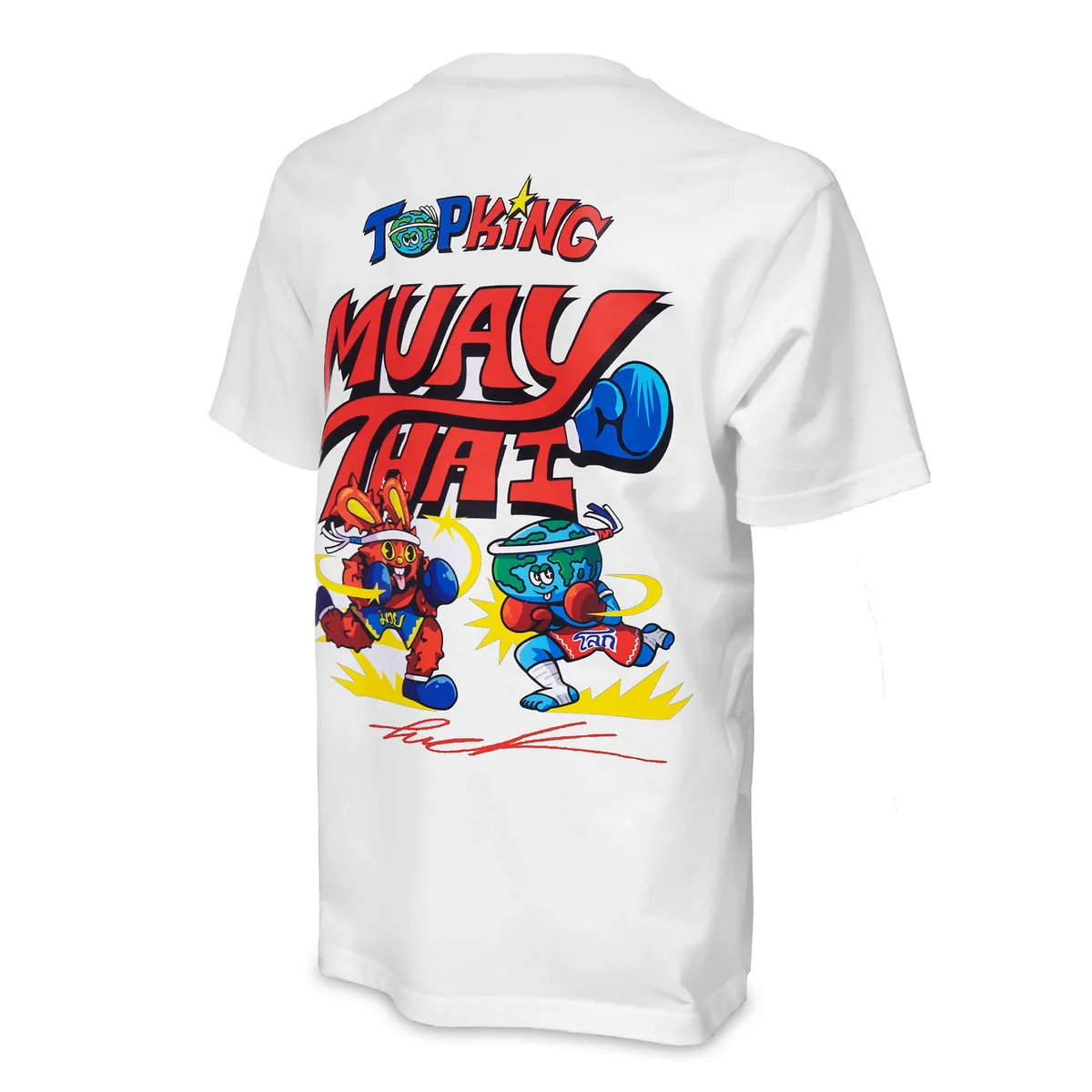 Бяла тениска Top King X Puck 03, изглед отпред, показващ детайли на принта и кройката.