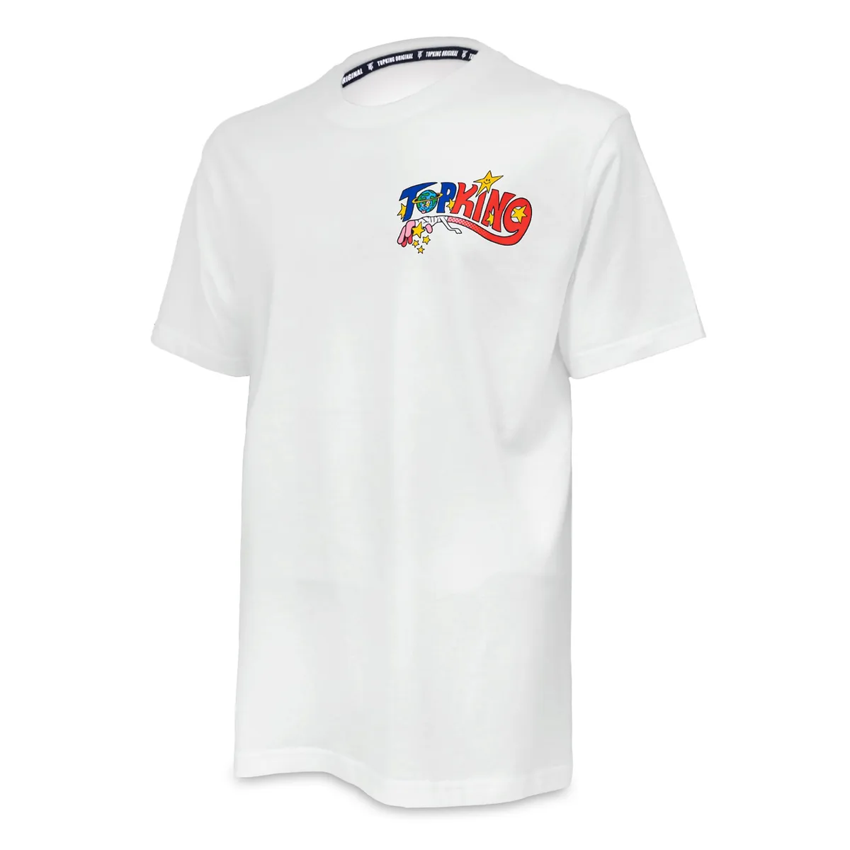 Бяла тениска T-SHIRT TOPKING X PUCK 03 с графичен принт отпред, снимана на бял фон.
