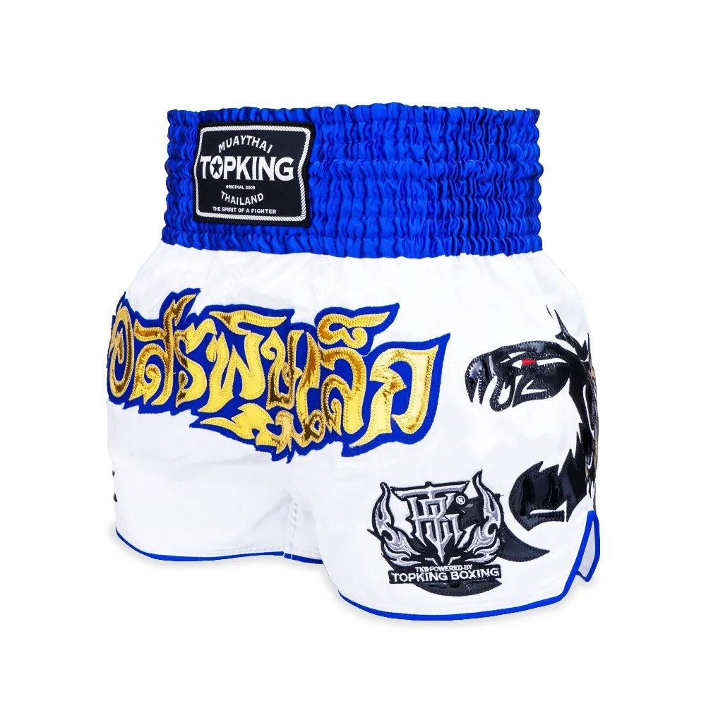 Предна цялостна гледка на шорти Top King Thai Boxing Shorts 057, показваща дизайна и логото.