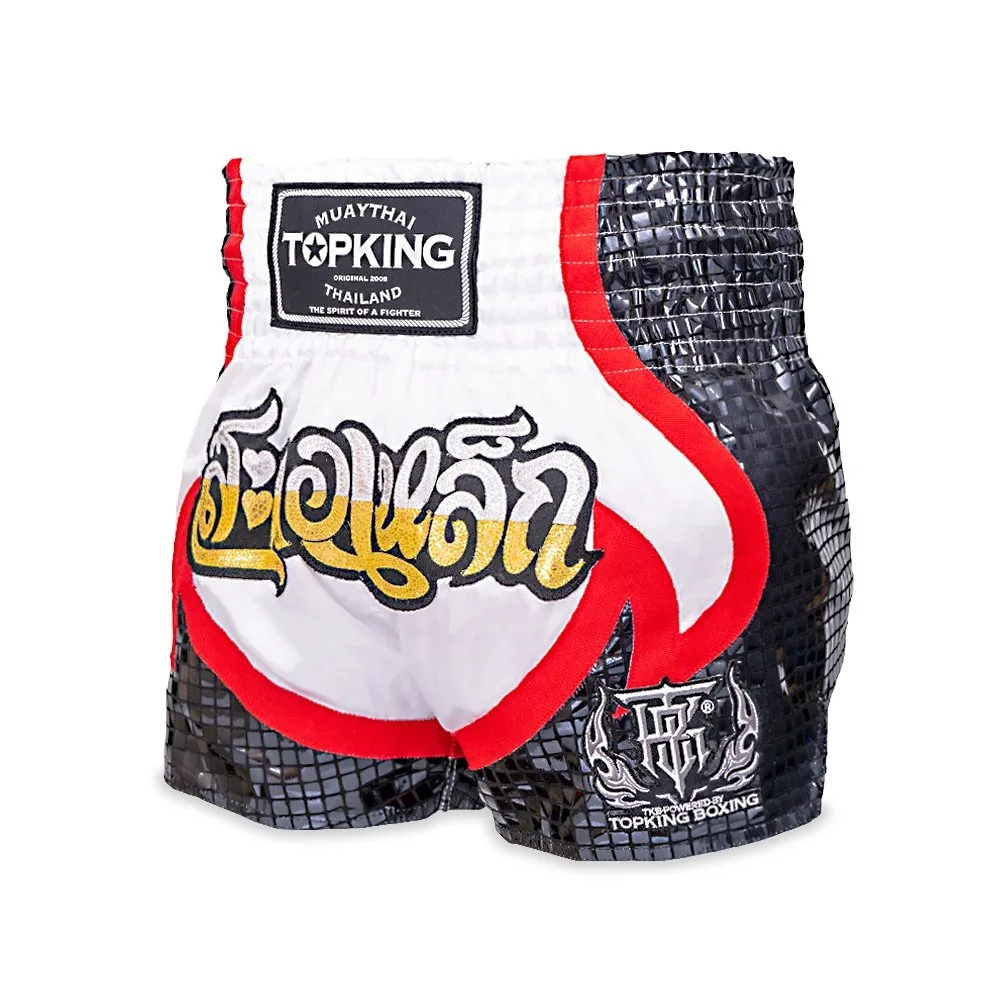 Преден изглед на шорти Top King Thai Boxing Shorts 065, показващ дизайна и колана.
