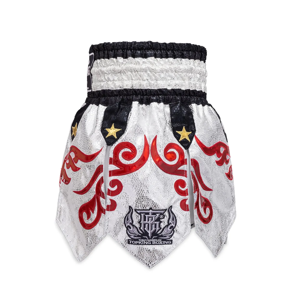 TOPKING THAI BOXING SHORTS 078 - близък план на еластичния колан и логото на Top King