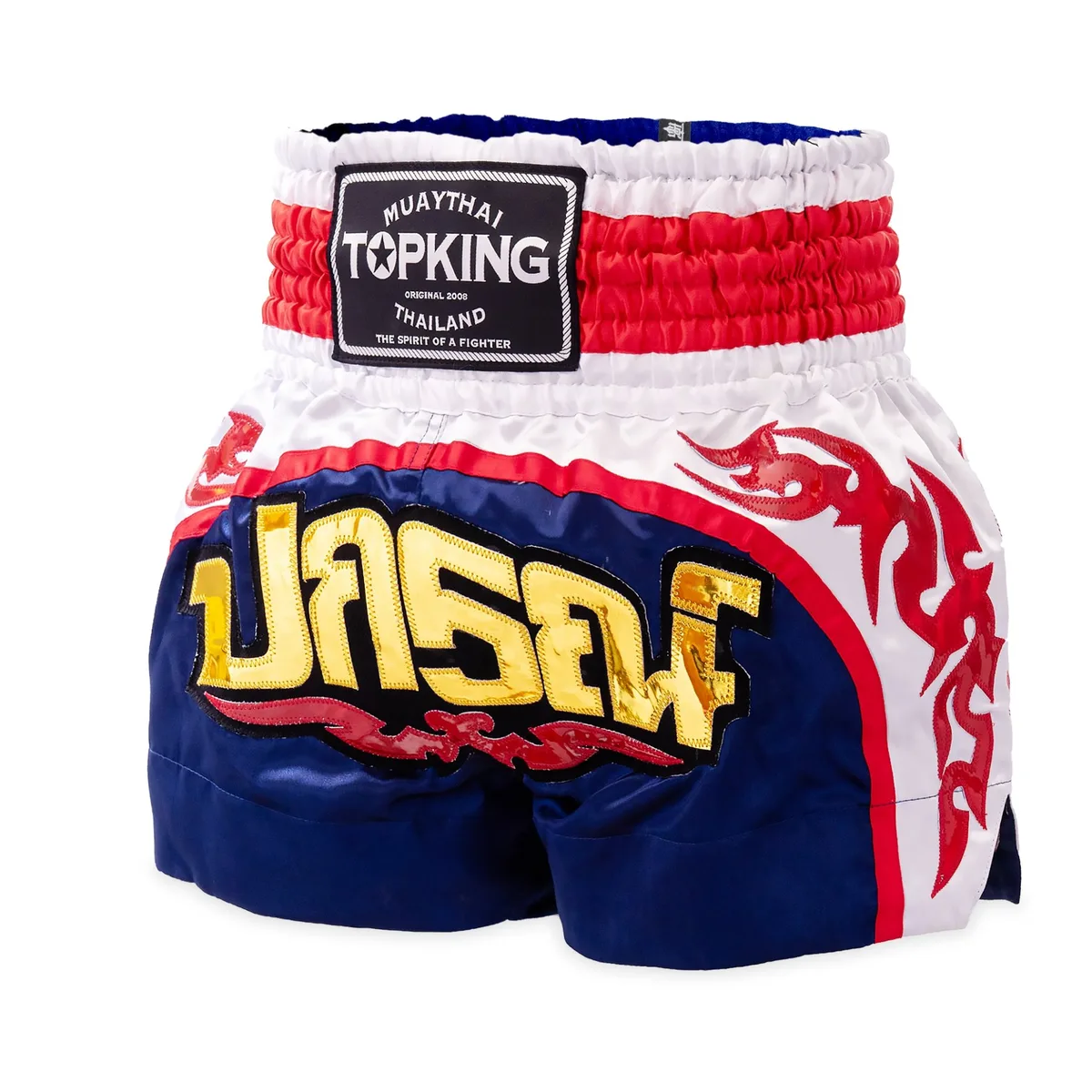 Шорти Top King Thai Boxing Shorts 124, показани отпред, с акцент върху дизайна и логото на марката.
