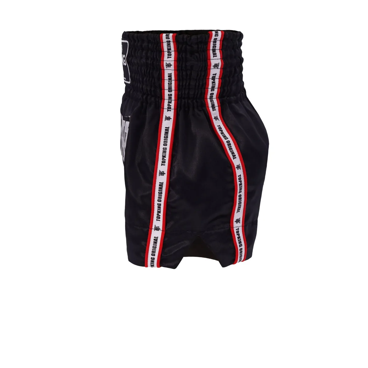 Страничен изглед на Top King Thai Boxing Shorts 217, подчертаващ широката кройка и страничните цепки за свобода на движение.