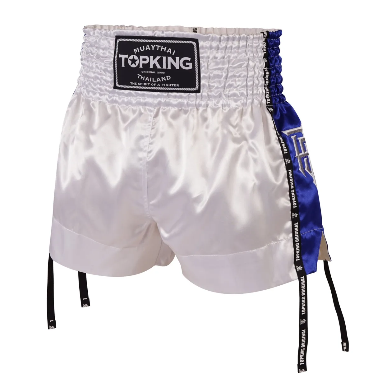 Шорти за муай тай Top King Blue 201, син цвят, с логото на Top King и традиционен тайландски дизайн, представени на бял фон.