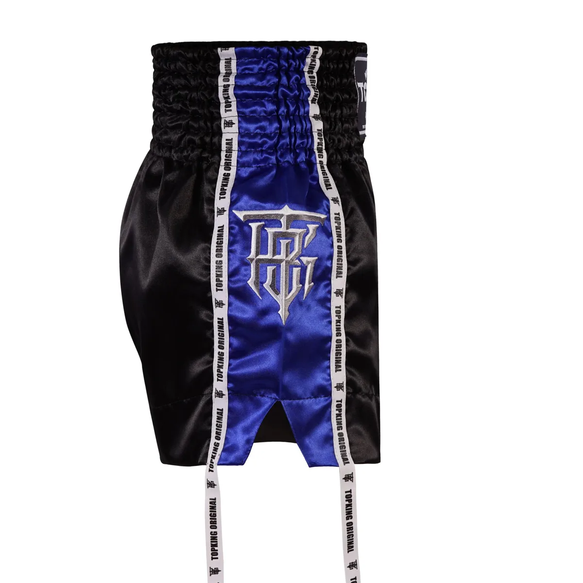Шорти Top King Thai Boxing Shorts Blue 202, изглед отстрани, показващ цепката