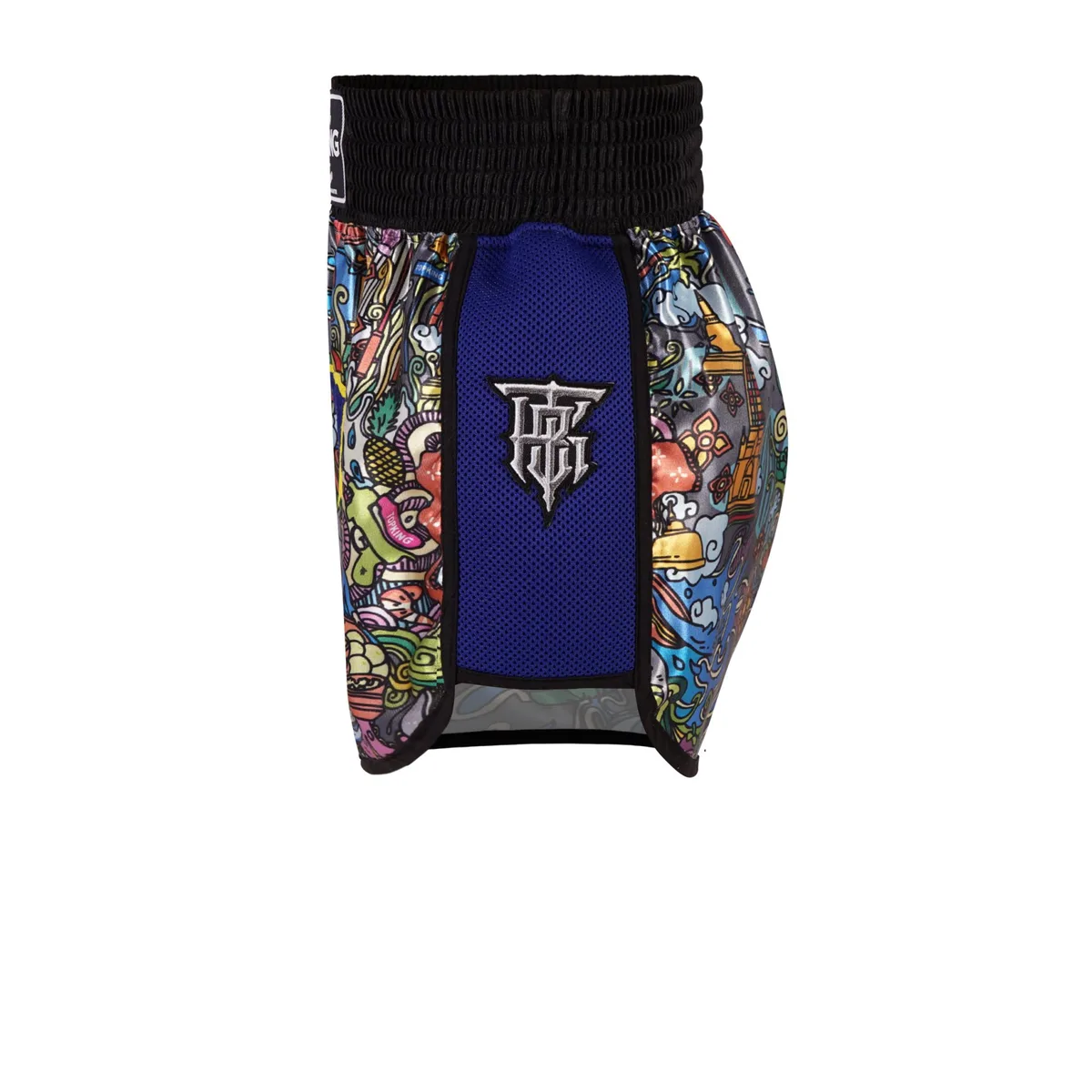 Страничен изглед на сините шорти Top King Thai Boxing Shorts Blue 224, показващ страничната цепка за свобода на движение