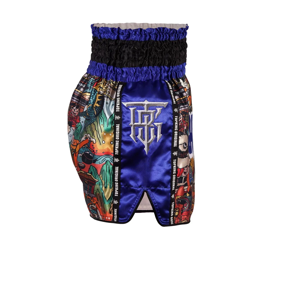 Син шорт за муай тай Top King Thai Boxing Shorts Blue 226, страничен изглед, показващ кройката